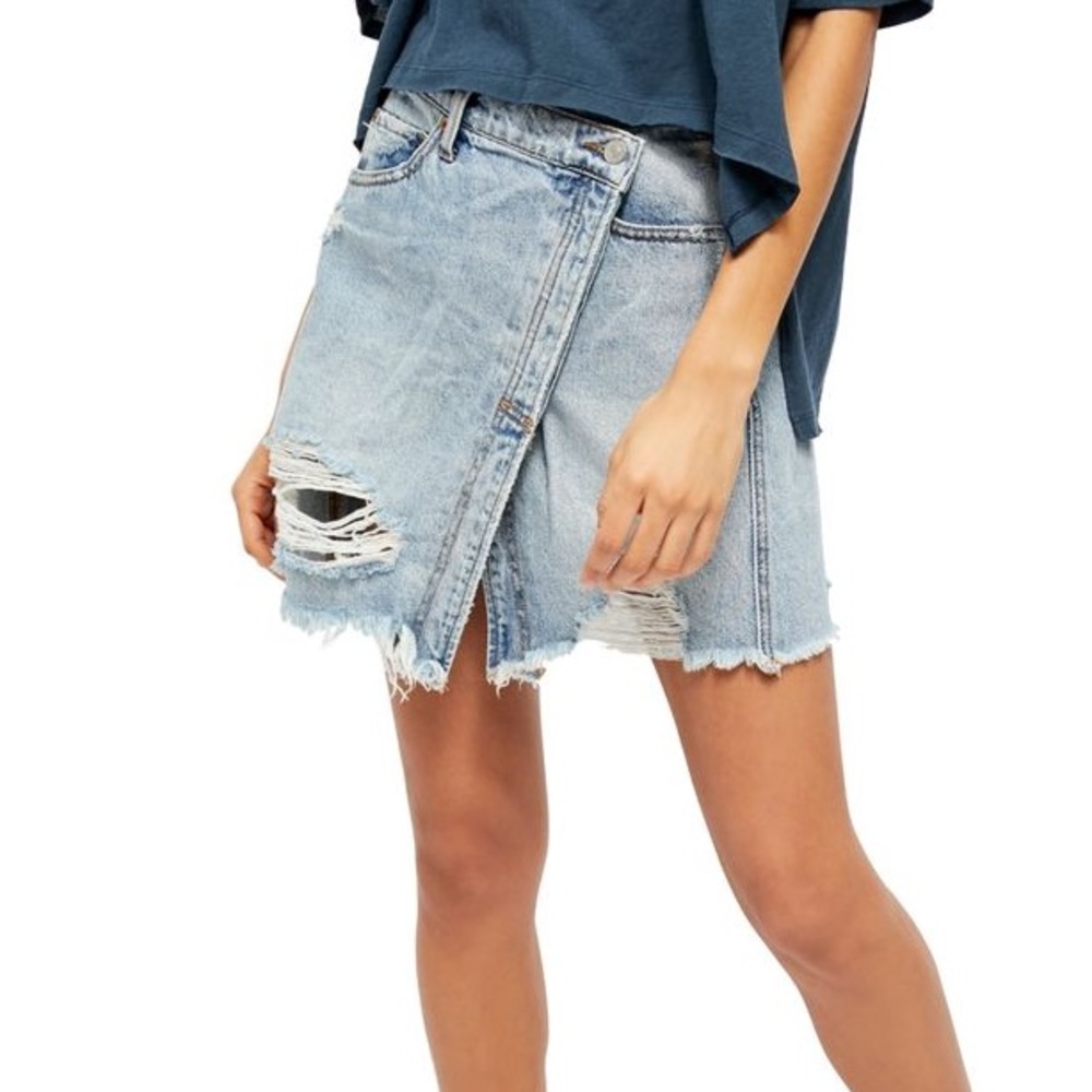 Free People Parker Crossover Wrap Light Blue Denim Mini Skirt
